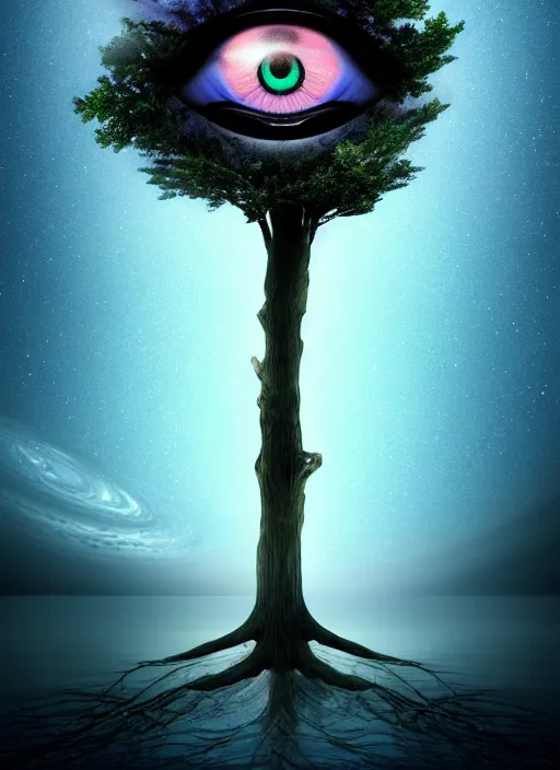 Image similar to a tree from which planets or galaxies hang instead of fruits, the tree is on top of a calm sea, in the background there is an eye whose iris coincides with the tree. fantasy art, horror, nightmare, photo realistic, dynamic lighting, artstation, poster, volumetric lighting, very detailed faces, 4 k, award winning