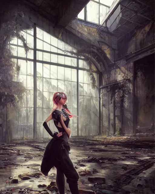 Image similar to daniel gerhartz and artgerm detailed portrait digital rococo painting of a beautiful woman wearing streetwear clothing, abandoned warehouse interior in the background, unreal engine, hyper realism, realistic shading, cinematic composition, realistic render, octane render, hdr, detailed textures, photorealistic, ultrawide shot, 3 5 mm film