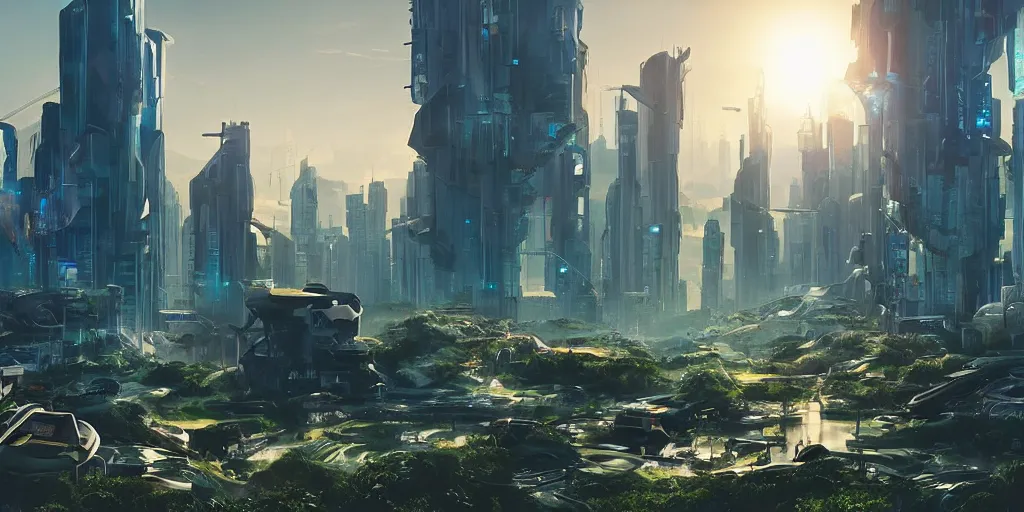 Image similar to a cinematic composition depicting : a translucid crystal - being viewing how a high tech lush solarpunk tribe with their technology is encroaching on a distant cyberpunk world with white clad buildings at sunrise