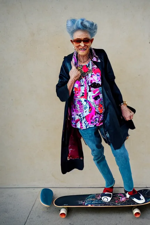 Prompt: a portrait of a fashionable gran on a skateboard in los angeles