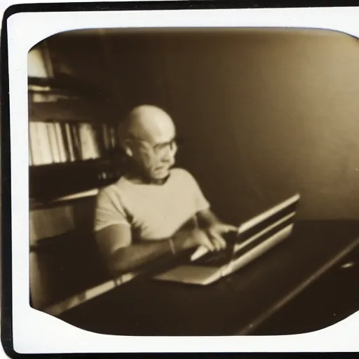 Prompt: a polaroid photo of man using a laptop inside in warehouse, he sitting on chair and small table, photo from behind, high details, perfect face shape