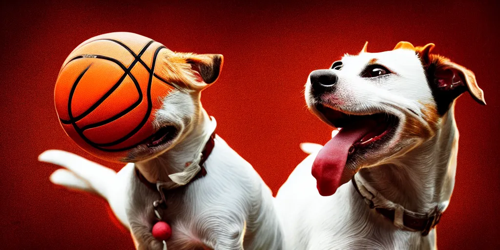 Image similar to a jack russell terrier playing basketball, digital art, cinematic, 4k, very very detailed, high quality