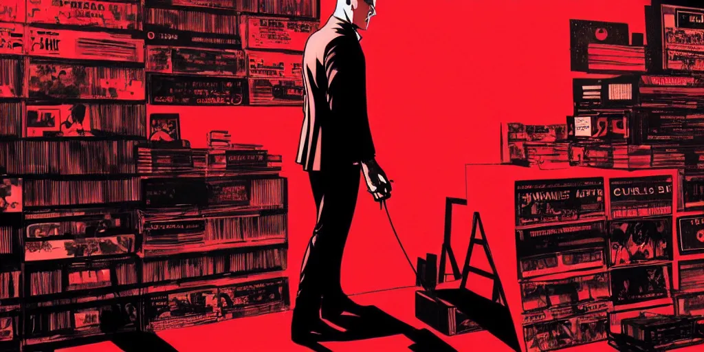 Image similar to a portrait of agent 4 7 from hitman wearing headphones in front of a wall of vinyl records, dark background, red rim light, digital art, artstation, art by yoji shinkawa