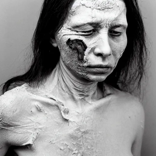 Prompt: medical photograph of a woman infected with a disease that turns her body into clay