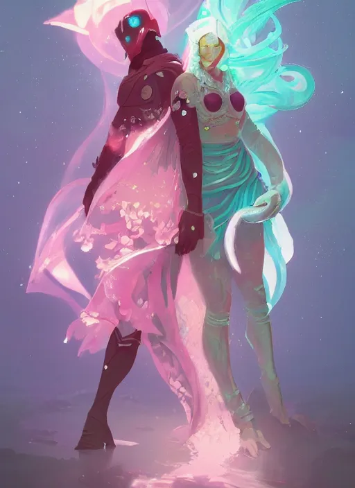 Image similar to a couple made of sparkling crystal, diamond and rose quartz, full body view, beautiful high quality realistic fantasy art but its hyper light drifter, trending on artstation by artgerm and greg rutkowski and alphonse mucha