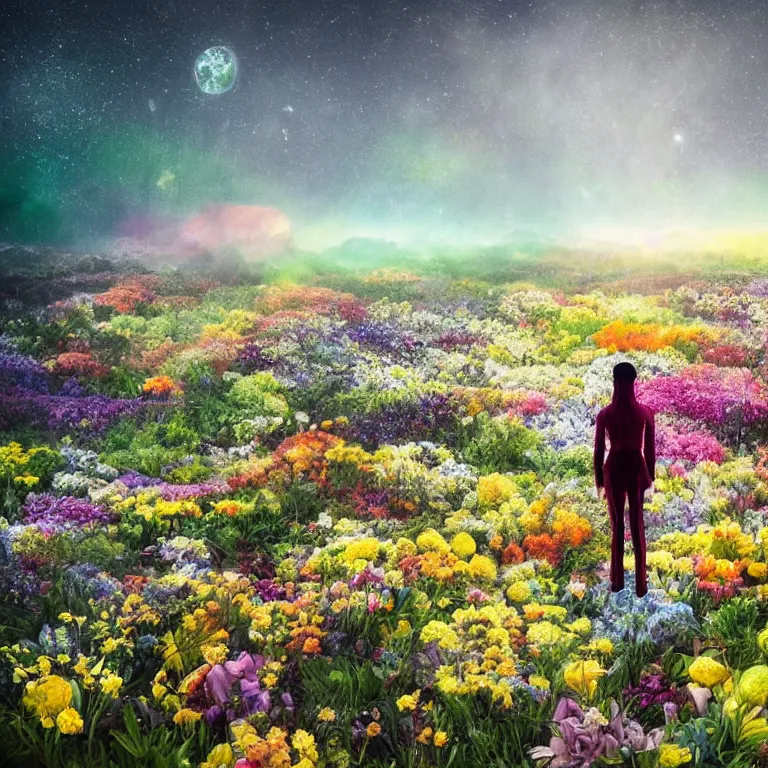 Image similar to a planet of various flowers, fungus and plants, in which the singular human figure is dressed in something magical and impressive, inside the picture is infinity, sunset light, Atmospheric phenomenon, artistic photography, muted colors, conceptual, long exposure outside the city, volumetric light