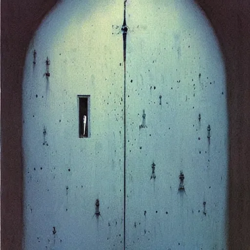 Prompt: painting by zdzislaw beksinski of a door, zyklon blue, detailed, far shot, graveyard