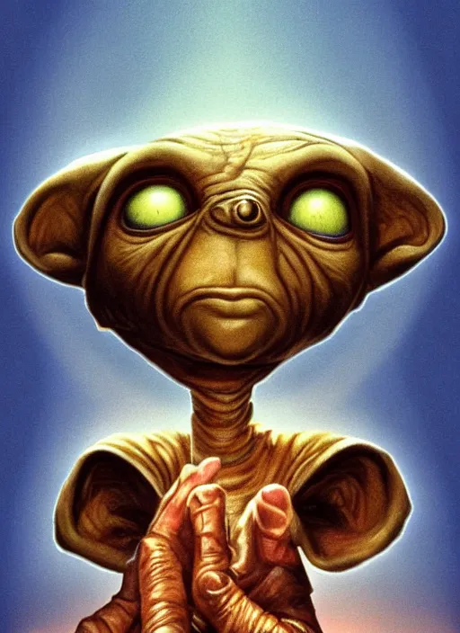 Prompt: portrait of E.T. (1982), highly detailed, centered, solid color background, digital painting, artstation, concept art, smooth, sharp focus, illustration, drew struzan, John Alvin