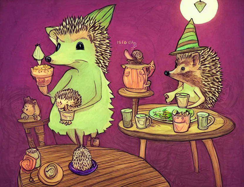 Image similar to hedgehog witch in a suspicious cafe. complementary colors, copic markers, indie concept art, bloom, chiaroscuro, backlighting, intricate details.