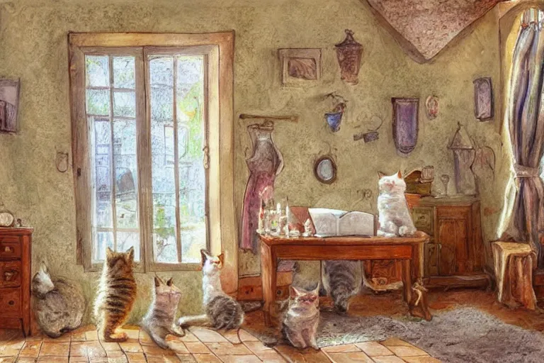 Image similar to a very very very very detailed digital art wide angle view on Cute Cat in Provence style Room,