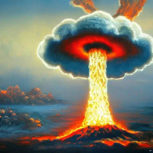 Prompt: nuclear mushroom cloud, fall of rome, epic painting