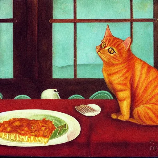 Prompt: fat orange tabby cat eating lasagna on a table, afternoon, by frida kahlo, neighborhood outside window