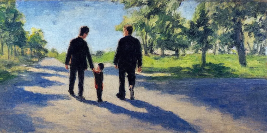 Image similar to a man with dark hair holding the hands of a young boy with dark hair as they walk down a suburban highway on a bright beautiful day. in the style of an impressionist painting.