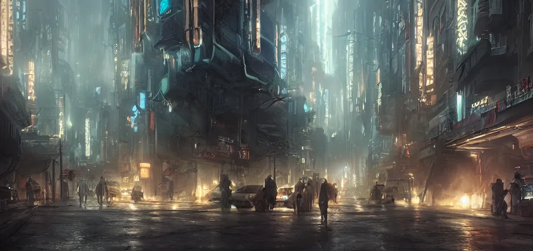 Image similar to science fiction cybertech city street scene, blade runner style, dramatic lighting, cinematic, establishing shot, extremly high detail, foto realistic, pirates of the carribean, cinematic lighting, post processed, concept art, artstation, matte painting, style by eddie mendoza, raphael lacoste, alex ross