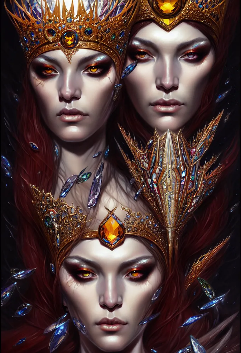 Image similar to A portrait of a jewels-crowned sorceress with vertically slit cornea eyes, by Karol Bak and Jia Ruan, artstation, very detailed, fantasy art, rpg