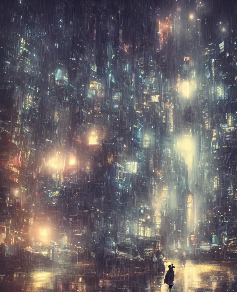 Image similar to cluttered futuristic city at night, rain, girl under lantern, by Sean Foley