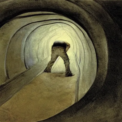 Image similar to Andrew Wyeth artwork, A man with a wooden box under his arm stands inside a dark tunnel, looking up with an expression of horror