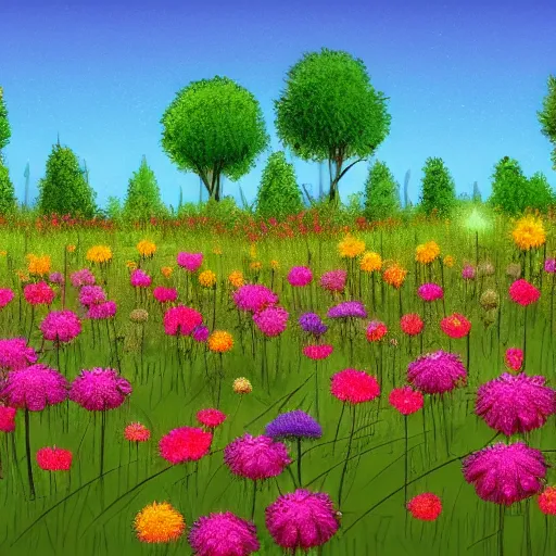 Image similar to a garden field background, cartoon, digital art, featured on artstation, smooth graphics, soft details,