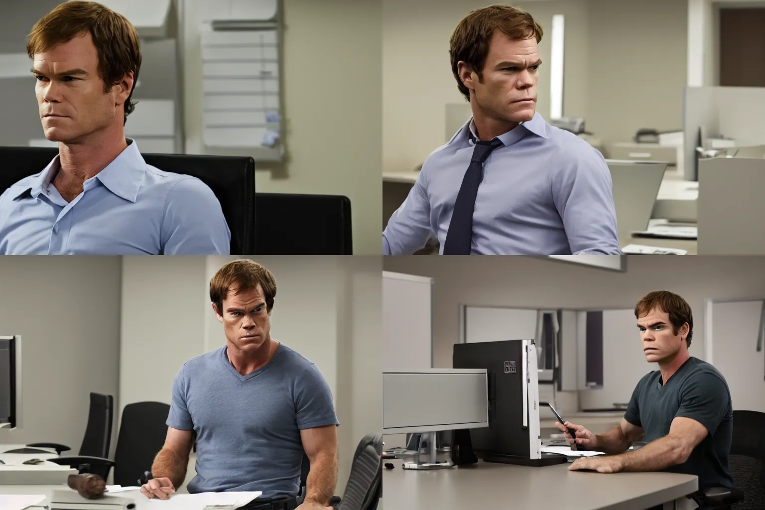 Prompt: Dexter Morgan working in an office, upscaled, 4k photo