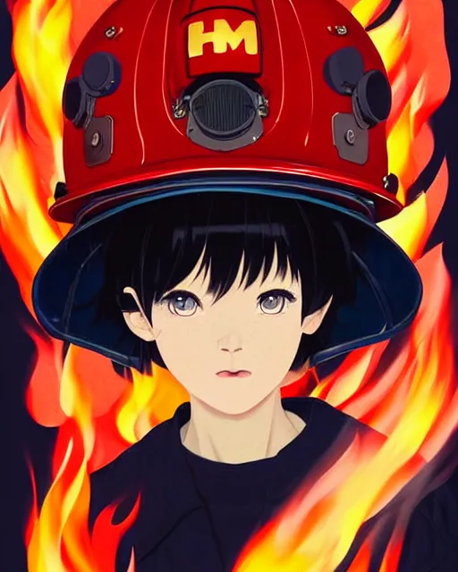 Image similar to fireman, fire helmet, flames background | | very very anime!!!, fine - face, audrey plaza, realistic shaded perfect face, fine details. anime. realistic shaded lighting poster by ilya kuvshinov katsuhiro otomo ghost - in - the - shell, magali villeneuve, artgerm, jeremy lipkin and michael garmash and rob rey