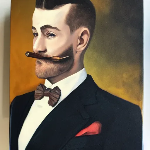 Prompt: a canvas painting of a realistic irish man with a fade haircut, lighting a cigar, wearing a suit, bowtie, and ring, highly detailed