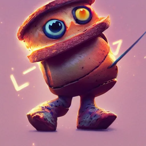 Image similar to a slice of toasted bread with a face, arms and legs, holding a sword, cute pixar character, volumetric lighting, dynamic composition, fantasy, hyper detailed, ultra realistic, sharp focus, octane render, concept art by sachin teng and sergey kolesov and ruan jia and heng z