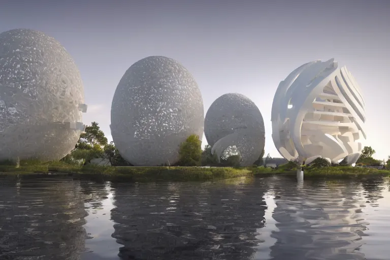 Image similar to a building formed by the cross combination and fusion of 2 0 white spherical and egg shaped spaces of different sizes, on the calm lake surface, people's perspective modern curved architecture, future, wood, marble, metal award winning, highly detailed 4 k art, dusk, unreal engine highly rendered, global illumination, radial light, internal environment by kazuyo sejima