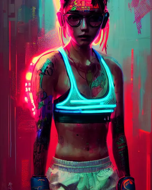 Image similar to detailed portrait Neon boxer Girl, cyberpunk futuristic neon, reflective crop top and shorts, boxing gloves, decorated with traditional Japanese ornaments by Ismail inceoglu dragan bibin hans thoma greg rutkowski Alexandros Pyromallis Nekro Rene Maritte Illustrated, Perfect face, fine details, realistic shaded, fine-face, pretty face