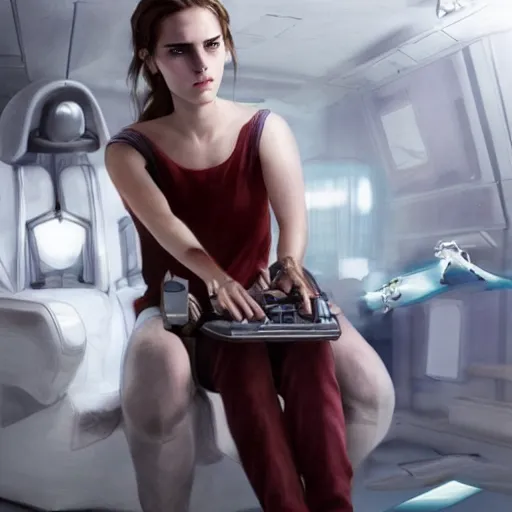 Prompt: a girl who is a mix of emma watson and scarlett johansson and nathalie portman, using a device to connect herself to a computer through an usb cable and a port in her arm, cables, it, very detailled, by david rutkowski and artgem