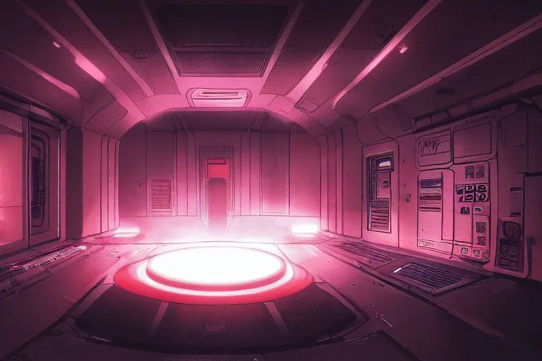 Image similar to inside the reactor room of an alien spaceship, glowing red rector core, mist, atmospheric, artstation