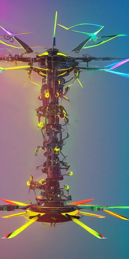 Image similar to futuristic multi rotor helicopter with plasma engine, 4 k, hyper realistic, coherent design, symmetrical, vivid colour, complementary colour, golden ratio, detailed, sharp lines, intricate, rainbow shift, in unreal 3 d engine, ray tracing, octane render