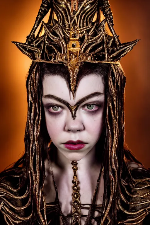 Image similar to dressed anya taylor - joy as a queen of senobith, symmetrical, cinematic, elegant, demonic atmosphere, professional studio light, real dlsr photography, sharp focus, costume made by clive barker, real rotten flesh and blood, 4 k, ultra hd, sense of awe