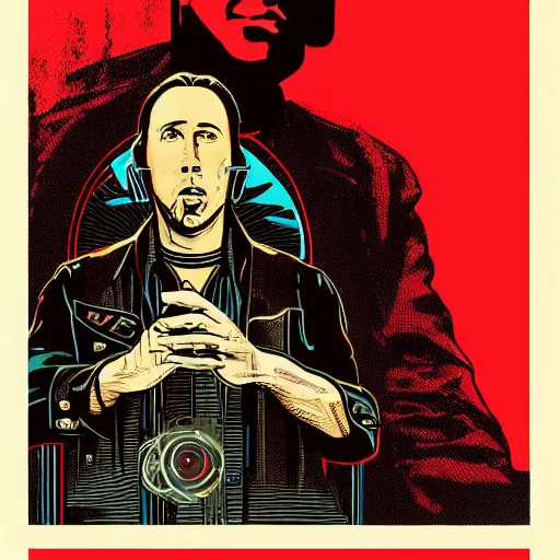 Prompt: Illustrated by Shepard Fairey and H.R. Geiger | Cyberpunk Nicolas Cage with VR helmet, surrounded by cables