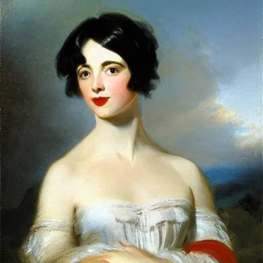 Image similar to Romanticism painting of a young woman with short dark hair painted in 1798 by Sir Thomas Lawrence