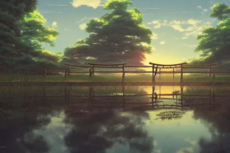 Prompt: hypnagogic reflections in the ricefields by makoto shinkai, centered torii gate, japanese countryside, anime wallpaper, 4k, trending arstationhq, daily deviation Simon stalenhag and snatti89