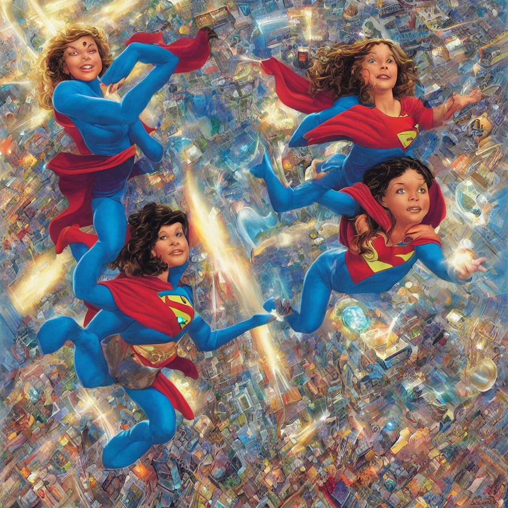 Prompt: super woman dreaming of the metaverse, by bob byerley, by mark brooks, ultra - wide angle, colorful,... imagining self identify, expansive, stillness and breath