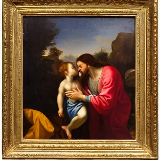 Image similar to 1 8 th oil panting of a jesus kissing with maria maddalena