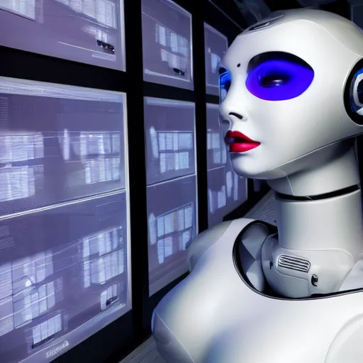 Prompt: Attractive female robot guarding a wall of computers