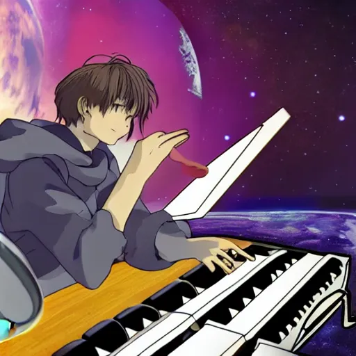 Image similar to anime of jacob collier on space playing saturn rings as a piano