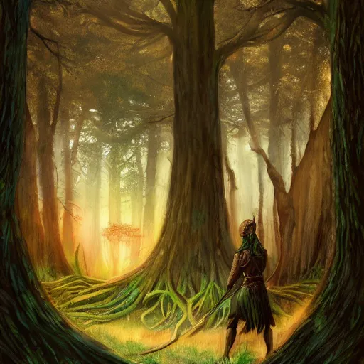 Prompt: painting of the silhouette of two elven warriors in the distance, standing on a big tree root in a deep giant forest, by kev walker, acrylic washes and colored pencils, brilliantly colored painting, fantasy, trending on artstation, intricate, 8 k