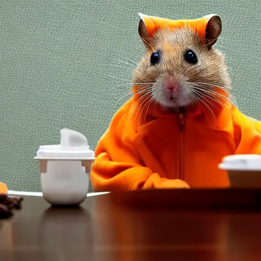 Prompt: a hamster wearing an Orange prison jumpsuit sitting at a cafeteria table