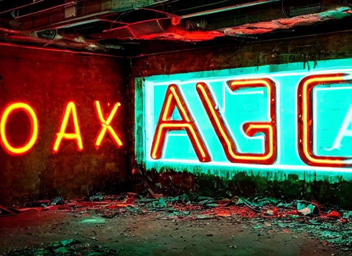 Image similar to an abandoned industrial basement lit a neon sign advertising GAK