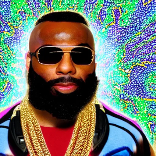 Prompt: a high resolution photograph of joe rogan as mr. t wearing many gold chains with a psychedelic dmt background