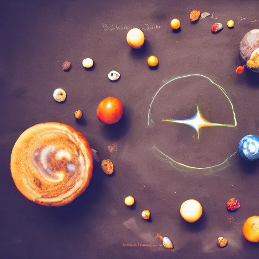 Prompt: the planetary system made our of food on a cafe table, photography, 4 k photo