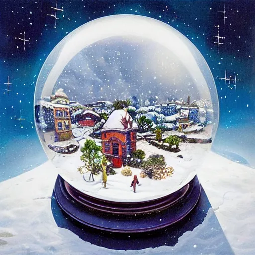 Image similar to “ depiction of the beginning of the universe inside a snow globe, surreal, award winning, highly detailed, style by mark rogers, paul bonner, oil on canvas. ”