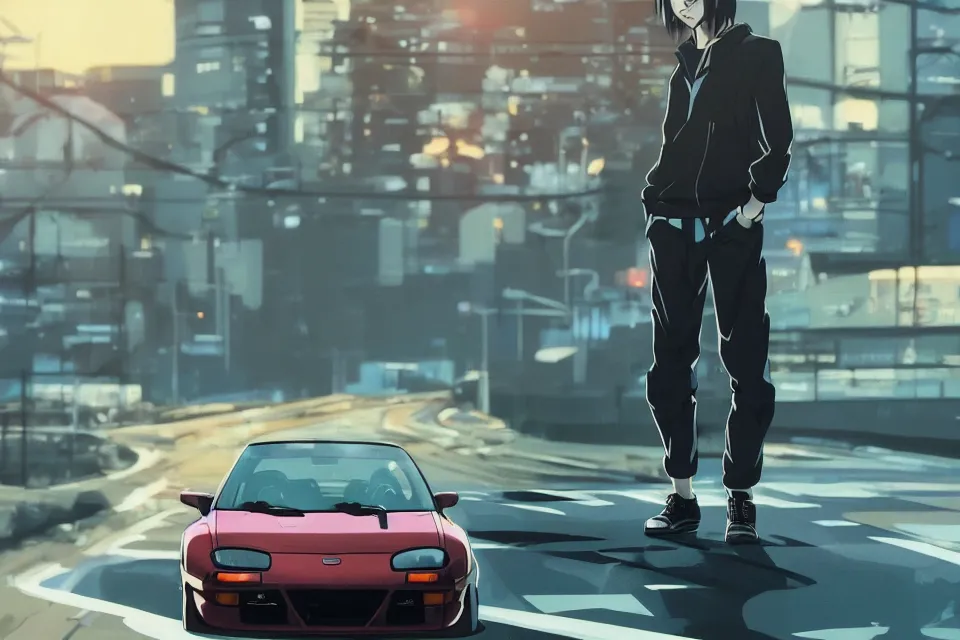 Prompt: aesthetic illustration of ryosuke takahashi with black hair, standing by his glossy mazda rx 7 on an empty highway at sunrise, cinematic lighting, initial d anime 1 0 8 0 p, detailed anime face, high detail, 9 0 s anime aesthetic, volumetric lights, rule of thirds, unreal engine 5 render, pinterest wallpaper, trending on artstation