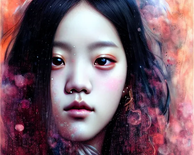 Image similar to jisoo from blackpink, portrait, tarot card, hyperrealistic, highly detailed, deep focus, intricate, elegant, digital painting, smooth, sharp focus, illustration, ultra realistic, 8 k, art by karol bak and agnes cecile