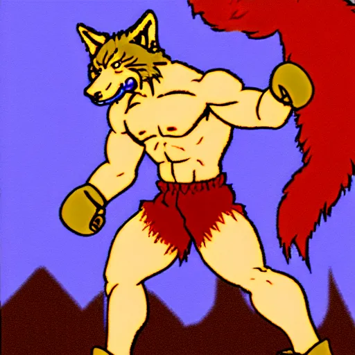 Image similar to full body portrait. 1 6 bit sega graphics. antropomorphic muscular masculine wolf, kickboxer fighter, in shorts, wolf head, in front of burning town at night. furr on body. 1 9 8 9