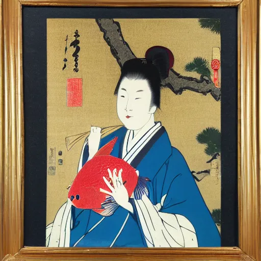 Prompt: painting of a 1 9 th century japanese woman holding a koi fish, colorful, ukiyo - e painting