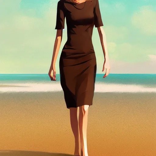 Image similar to slim cruel girl in dress with brown bob hair, elegant, walk down the beach, 2 d, ultra highly detailed, digital painting, smooth, sharp focus, artstation, art by ilya kuvshinov,